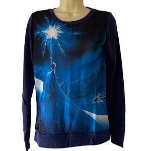 Disney Frozen Elsa Navy Blue Print Knit Top Size Medium Long Sleeves Pullover